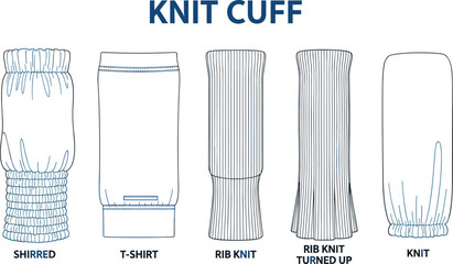 Knit cuff types vector set, technical fashion illustration, shirred rib sleeve details, garment design template, clothing construction sketch collection. © Hasan Creatives