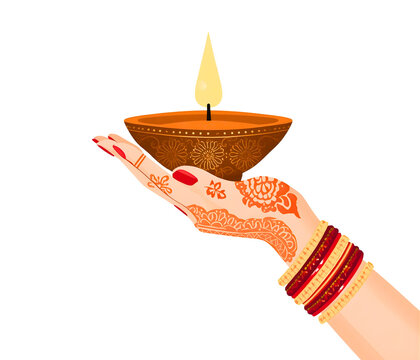 Hand Holding Diya Lamp with Henna and Bangles dipa boli  isolated on transparent background