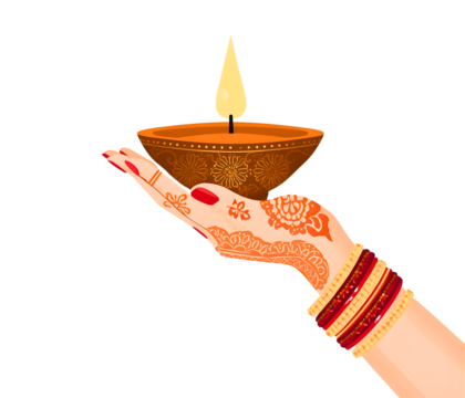Hand Holding Diya Lamp with Henna and Bangles - Powered by Adobe