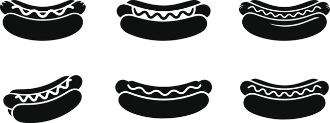 Set of minimalist black hot dog fast food silhouette vector icon