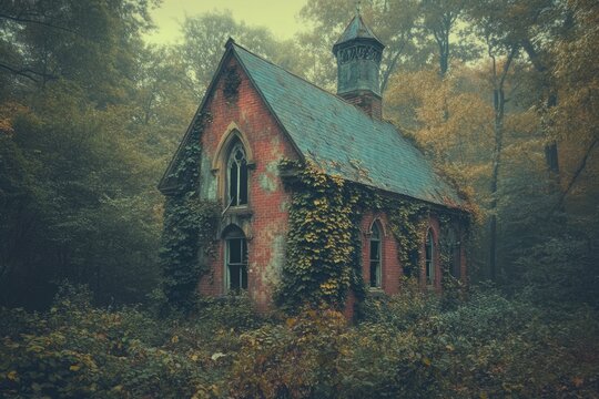 An ancient, ivy-clad gothic chapel with a weathered roof and broken arched windows stands forgotten in a dense, misty forest. - Powered by Adobe