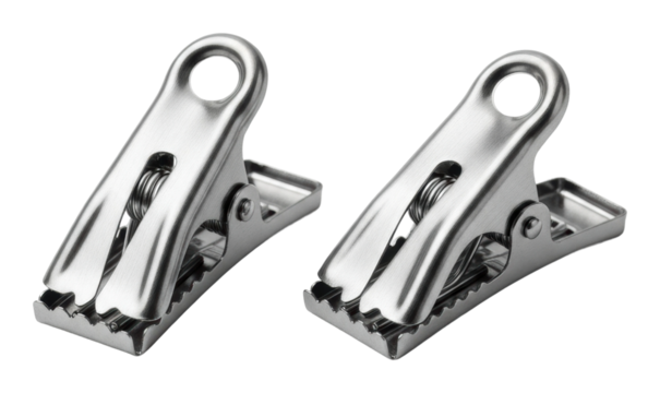 Metal clips holding papers office desk product isolated on transparent background