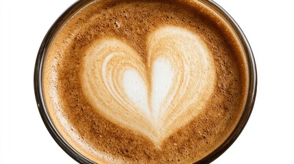 Coffee beverage with heart shaped latte art top view transparent background