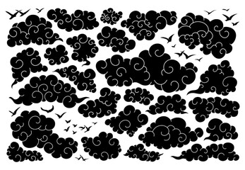Traditional Chinese Clouds and Flying Birds Black Silhouette Classic Asian Tangka Vector Collection, Isolated Graphic Elements Set, Tibetan Paper Art Style