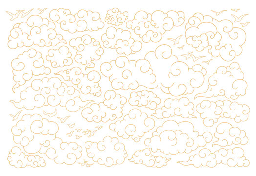 Gold Traditional Chinese Clouds and Flying Birds, Classic Elegant Outline Contour Asian Tangka Vector Collection, Isolated Graphic Elements Set, Decorative Curl Tibetan Paper Art Style