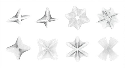 Eight abstract geometric wireframe shapes with gradient shading on white background