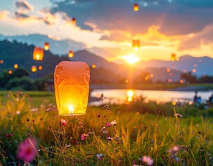 Illuminated paper lanterns ascend into a vibrant sunset sky above a field of wildflowers near water and mountains
