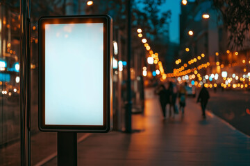 A blank billboard mockup on a city street at dusk, blurred lights, realistic