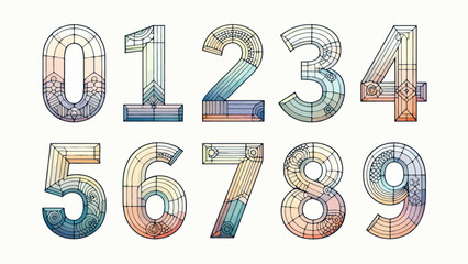 Creative art number "0-9", graphic font design, hand-drawn vector illustration