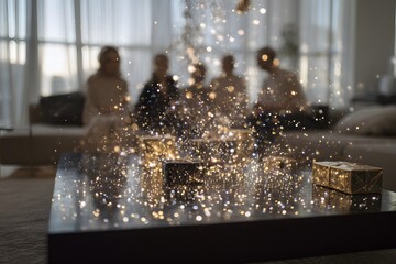 Family gathered in a modern room observing digital holographic gifts