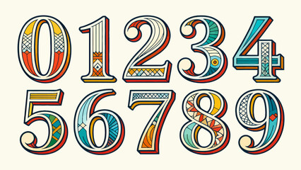Creative art number "0-9", graphic font design, hand-drawn vector illustration