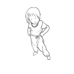 Monochrome line art illustration of a young child trying to change clothes independently, showing a determined and expressive moment 