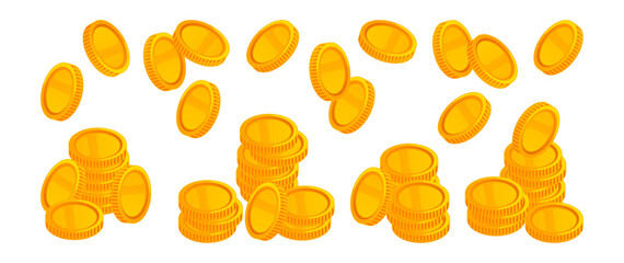 Stacks of golden coins with blank surfaces. Vector isometric flying money set. Wealth and financial assets. Economic growth, richness and wealthy precious metal. Fast profit or cash flow
