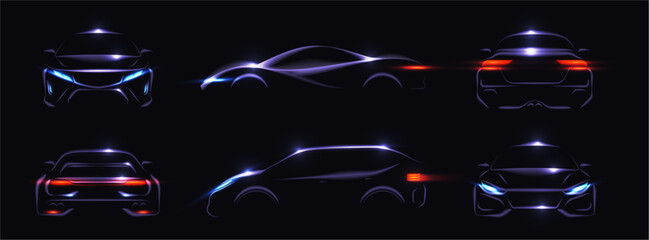 Car silhouettes set, front, side and back views. Vector realistic automobiles contours with light reflections. Automotive branding and catalog, interface icons and transport infographics