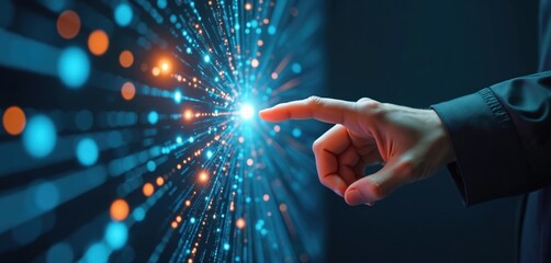 Person touches glowing digital network data streams. Abstract future tech interface, innovation, cyberspace, connection, big data, ai. Virtual reality.