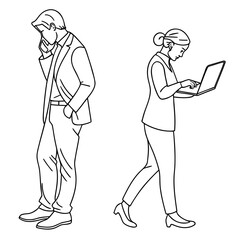 A man in a suit is standing and talking on his cell phone, while a woman is walking and working on her laptop, isolated on they are both busy and focused on their work
