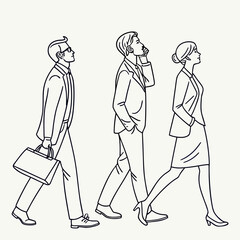 Line art illustration isolated on of business people walking, representing teamwork, collaboration, and professional life, suitable for corporate websites, presentations, and marketing materials