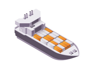 Cargo ship, isolated large vessel for transporting goods, materials and commodities across seas and oceans. Vector global trade vehicle. Container freighter, logistics and business, worldwide shipping