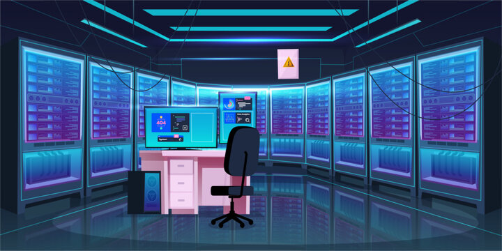 Cartoon data center room. Vector area with large servers and desk, chair and computer monitors, system unit and hanging cables. Workspace and server infrastructure. Hardware and electronic setup