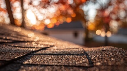 Close up of a roof with autumn foliage and blurred sunlight in background
