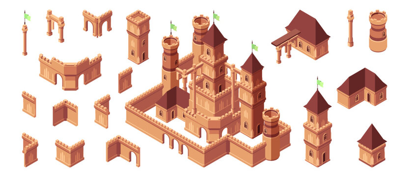 Collection of isometric medieval castle elements. Vector isolated towers and walls, rooftops and gates. Architectural modules for building custom strategy games. City builders or fantasy map