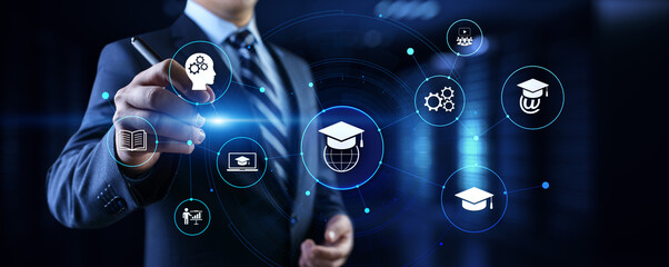 E-learning Online learning distance education concept. Businessman pressing button on screen.