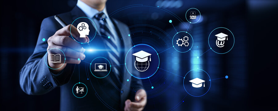 E-learning Online learning distance education concept. Businessman pressing button on screen.