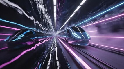 A bullet train in a neon tunnel. Electric blue and purple light, reflections on liquid walls. Dynamic tracking, mysterious movement. - Powered by Adobe