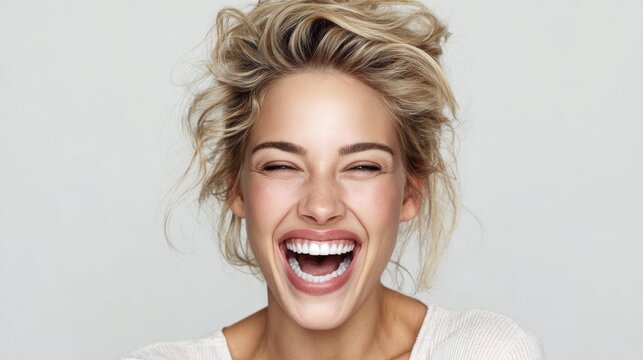 Age and elegance: the gracious beauty of joyful living. Blockbuster art. Blonde woman's radiant laughter illuminated by delicate floral touches. Movie artwork. Blockbuster poster.