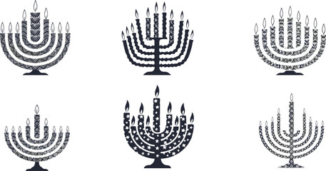 Six Dark Blue Hanukkah Menorahs with Decorative Patterns and Lit Candles on White Background