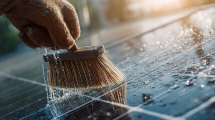Cleaning solar panels with brush water daylight for sustainable energy concept