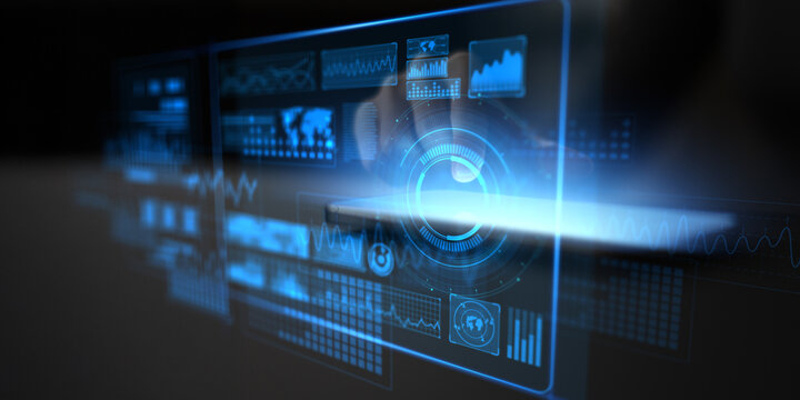 Futuristic Touchscreen Interface with Digital Data Visualization and Analytics Dashboard.