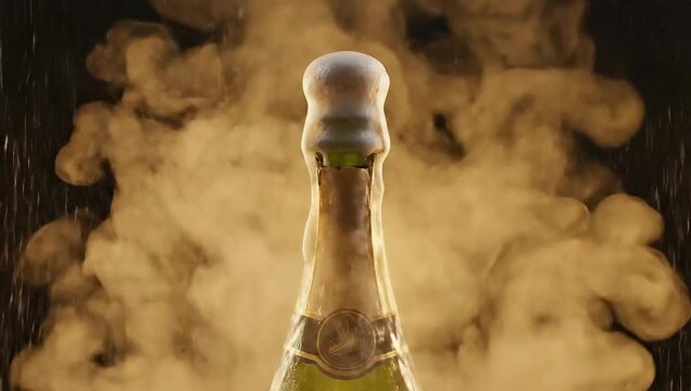 Champagne bottle popping with cork flying and fizzing.