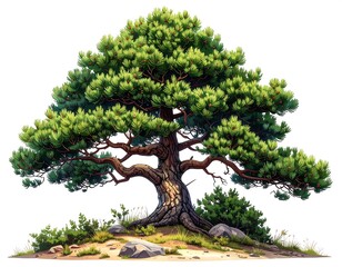 Digitally created illustration of a large, mature tree with lush green foliage, red berries, and a textured trunk, on a small mound