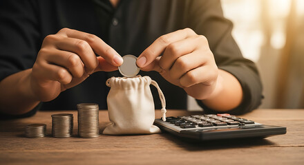 Hands placing a coin into a small drawstring bag next to stacked coins and a calculator on a wooden table.