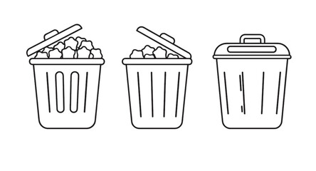 Trash bins vector illustration, full and empty garbage containers, waste management design, recycling concept, environmental cleanliness, cad drawing flat vector illustration