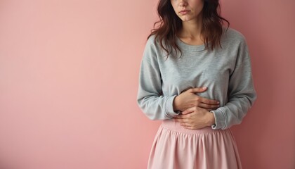 Young woman suffers from stomach pain. Female feels unwell. She is holding her belly. The girl has health issues, digestive problems or painful menstruation. Woman in skirt on pink backdrop.