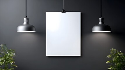 Minimalist interior studio setting featuring a blank white poster two hanging industrial pendant lamps and lush green plants on the sides ideal for presentations