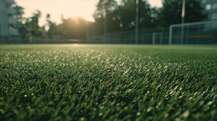 Close up view of green artificial turf football field illuminated by sunlight