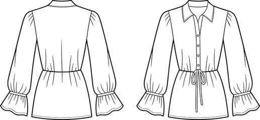 Women&rsquo;s blouse technical flat sketch, vector fashion drawing with collar, button front, long sleeve, ruffle cuff, adjustable waist design