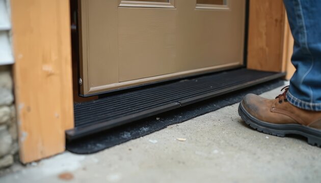 Person installs new door sweep at bottom of exterior door. Home improvement project focuses on energy efficiency. Pro door sealing for protection, insulation. Weatherproof maintenance protects