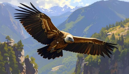 A majestic raptor with broad wings soars gracefully against a backdrop of mountainous terrain and a vibrant, expansive sky