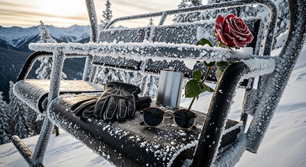 Ice on ski lift chair frosty ski chairlift seat, romantic winter still life with red rose, leather gloves, sunglasses and metal flask on icy bench, alpine mountains mood love travel cold