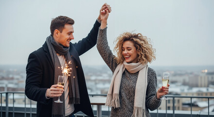 A happy young couple in warm clothes, dancing on a rooftop against the backdrop of a winter city, holding hands and raising glasses of champagne and sparklers.