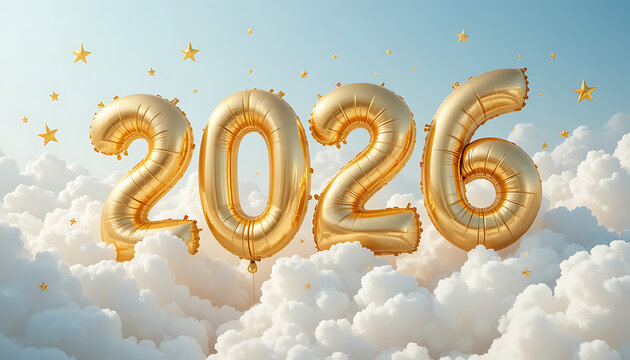 Golden 2026 balloons floating amongst clouds