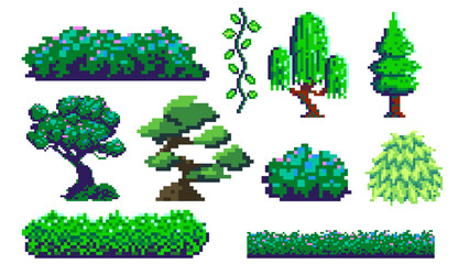 Set of pixel art vegetation assets, featuring diverse trees, lush bushes, vibrant grass, and foliage elements, ideal for retro 8-bit game design and digital graphics projects