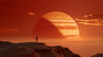 Obraz premium A lone astronaut stands on the rugged terrain of a red alien planet, gazing up at a giant celestial globe casting warm hues in the twilight. The surreal landscape feels otherworldly