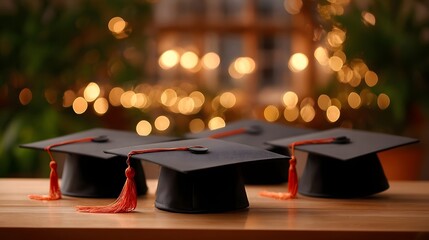Several academic graduation caps with vibrant orange tassels are artfully arranged on a polished wooden table illuminated by a soft bokeh effect of golden lights