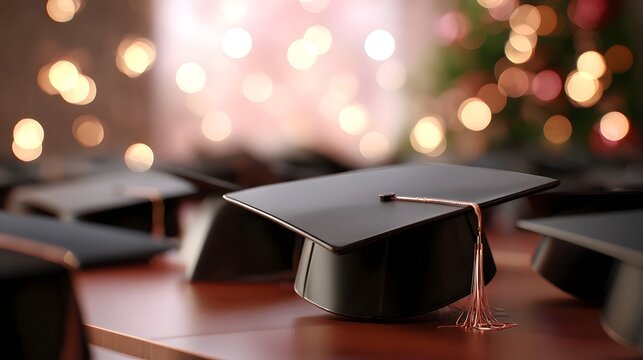 A collection of black graduation caps each adorned with a tassel rests on a polished wooden surface set against a blurred background of warm festive bokeh lights - Powered by Adobe