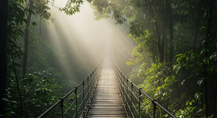 A picturesque suspension bridge disappearing into the misty depths of the emerald jungle under the mystical rays of the morning sun, embodying a mysterious journey and path to the light